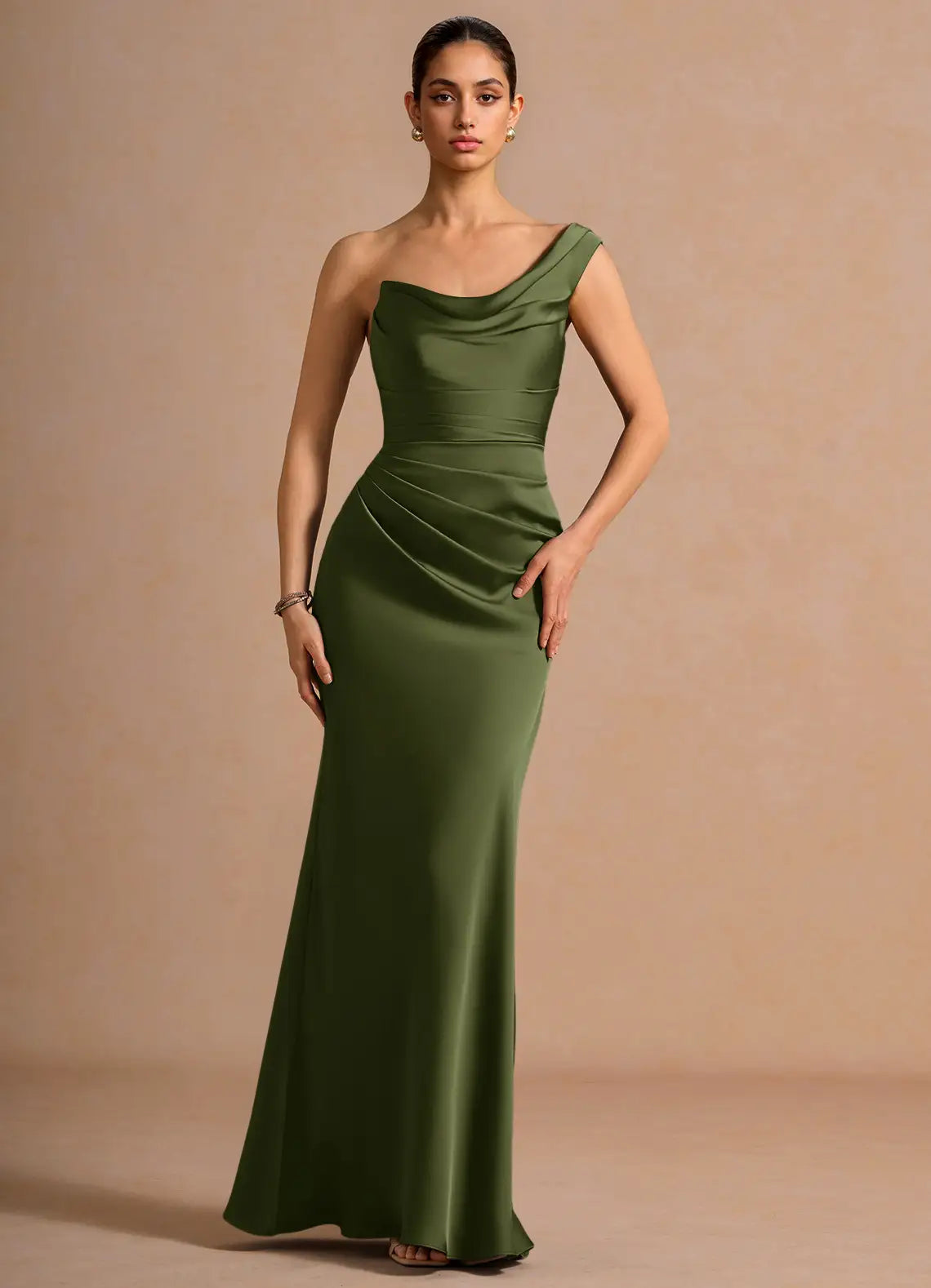 Dark Olive Asymmetrical One Shoulder Ruched Lace Up Mermaid Maxi Wedding Guest Dress