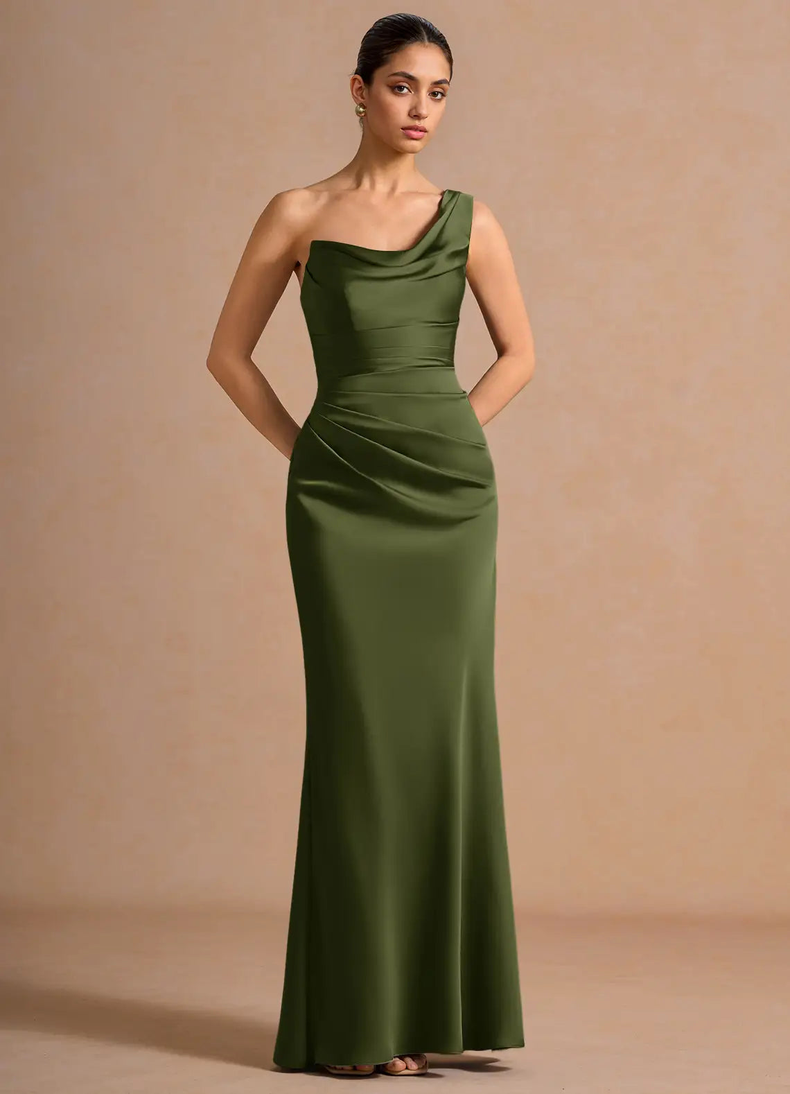 Dark Olive Asymmetrical One Shoulder Ruched Lace Up Mermaid Maxi Wedding Guest Dress