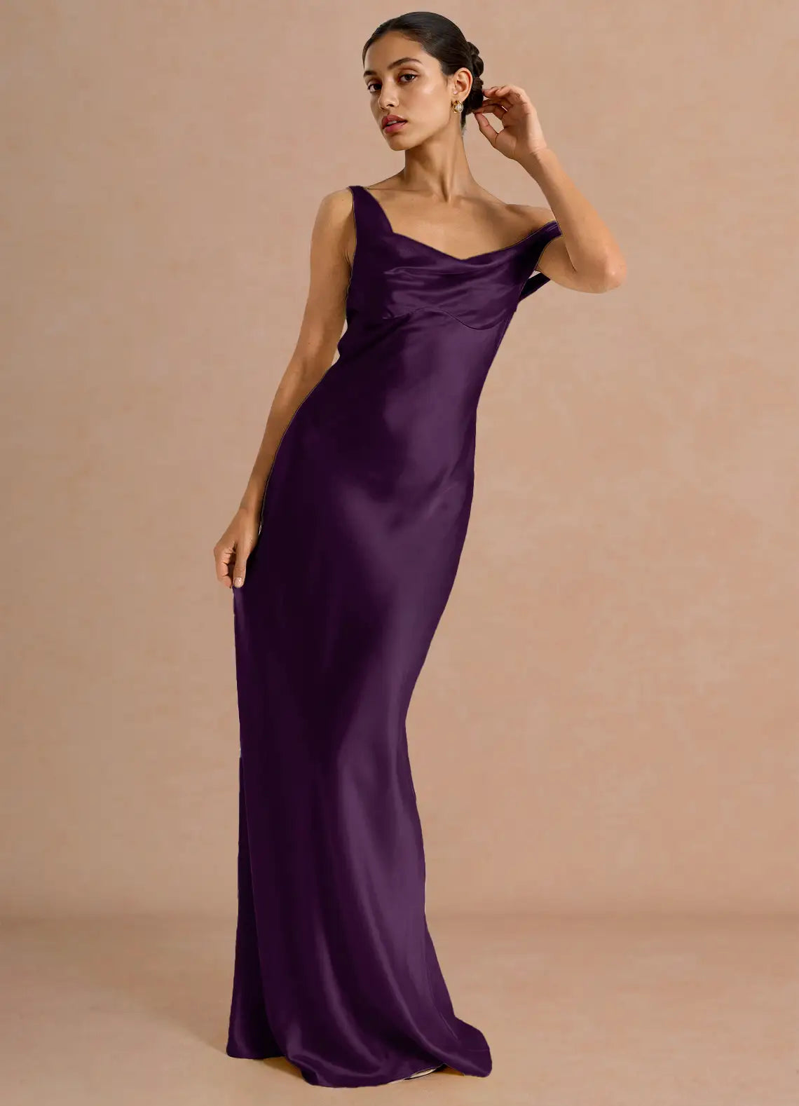Dark Purple Convertible Off Shoulder Cowl Satin Mermaid Maxi Bridesmaid Dress