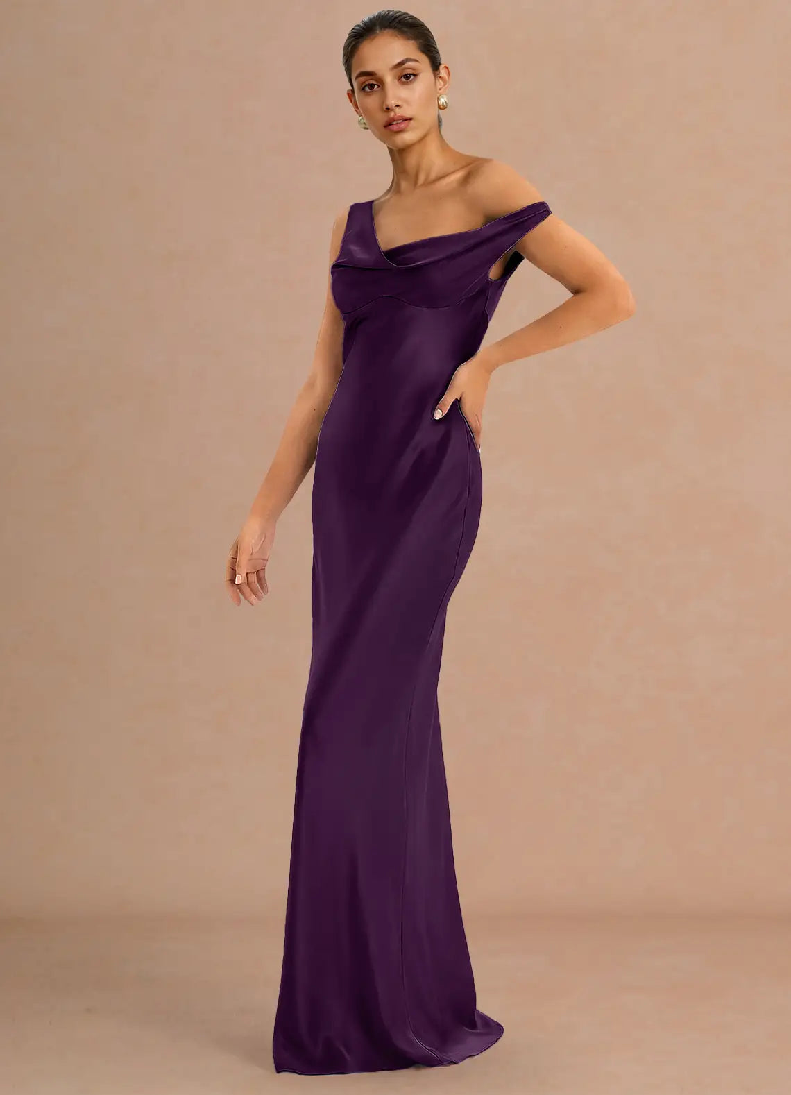 Dark Purple Convertible Off Shoulder Cowl Satin Mermaid Maxi Bridesmaid Dress