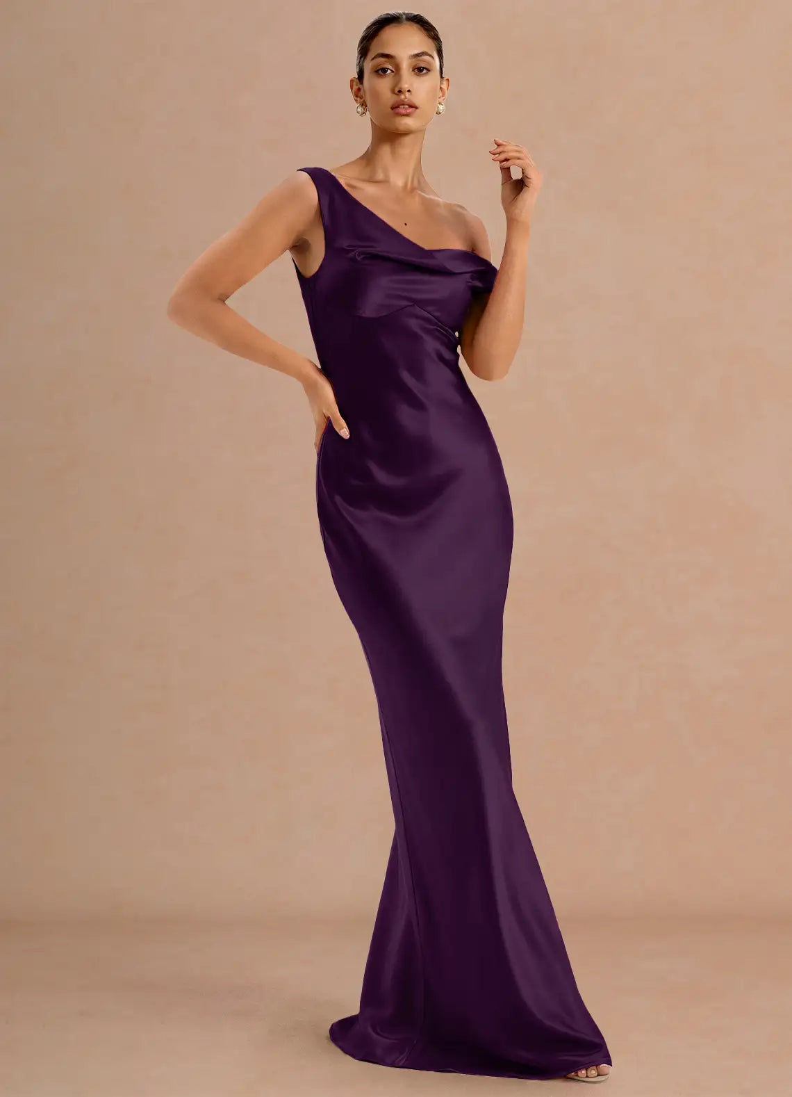 Dark Purple Convertible Off Shoulder Cowl Satin Mermaid Maxi Bridesmaid Dress