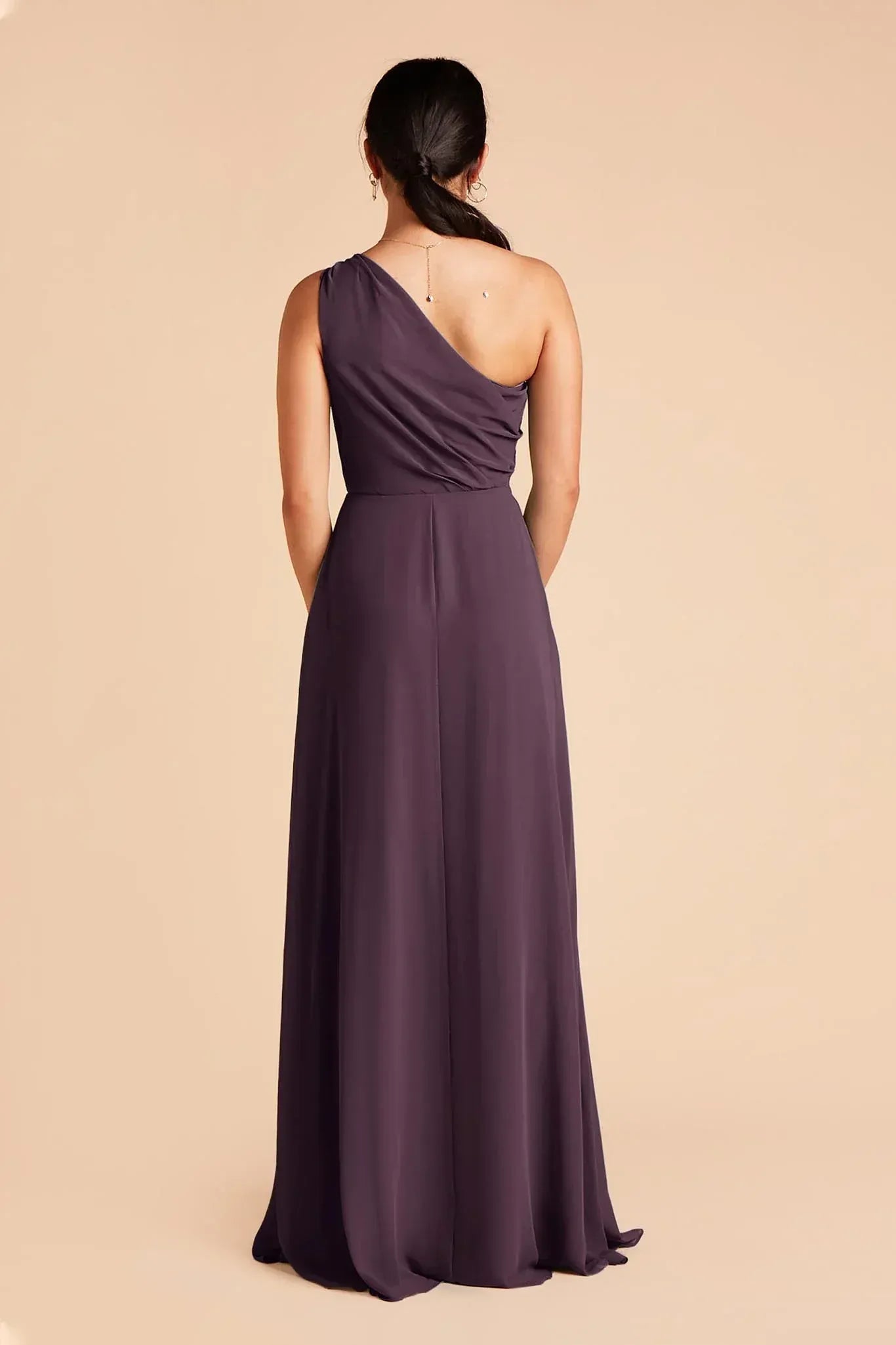 Dark‑Plum Chiffon One‑Shoulder Pleated High‑Slit Pocketed A‑Line Bridesmaid Dresses