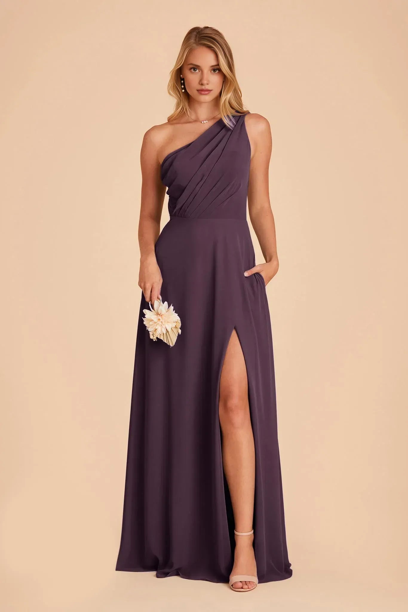 Dark‑Plum Chiffon One‑Shoulder Pleated High‑Slit Pocketed A‑Line Bridesmaid Dresses