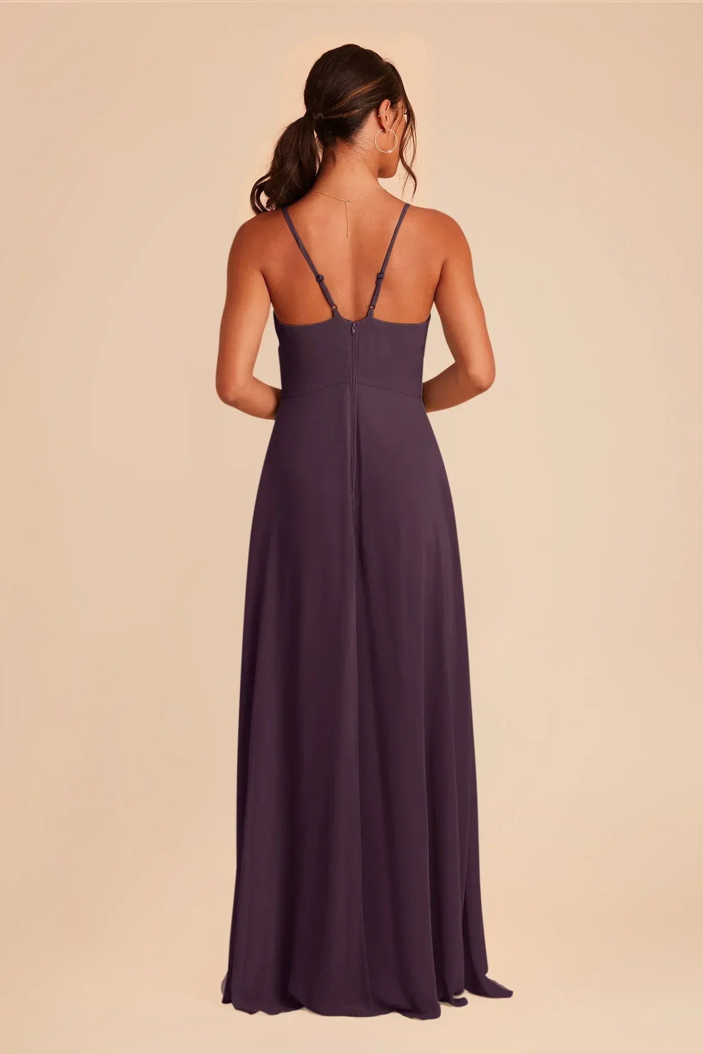 Dark‑Plum Chiffon Spaghetti‑Strap V‑Neck Side‑Ruffle High‑Slit A‑Line Bridesmaid Dresses