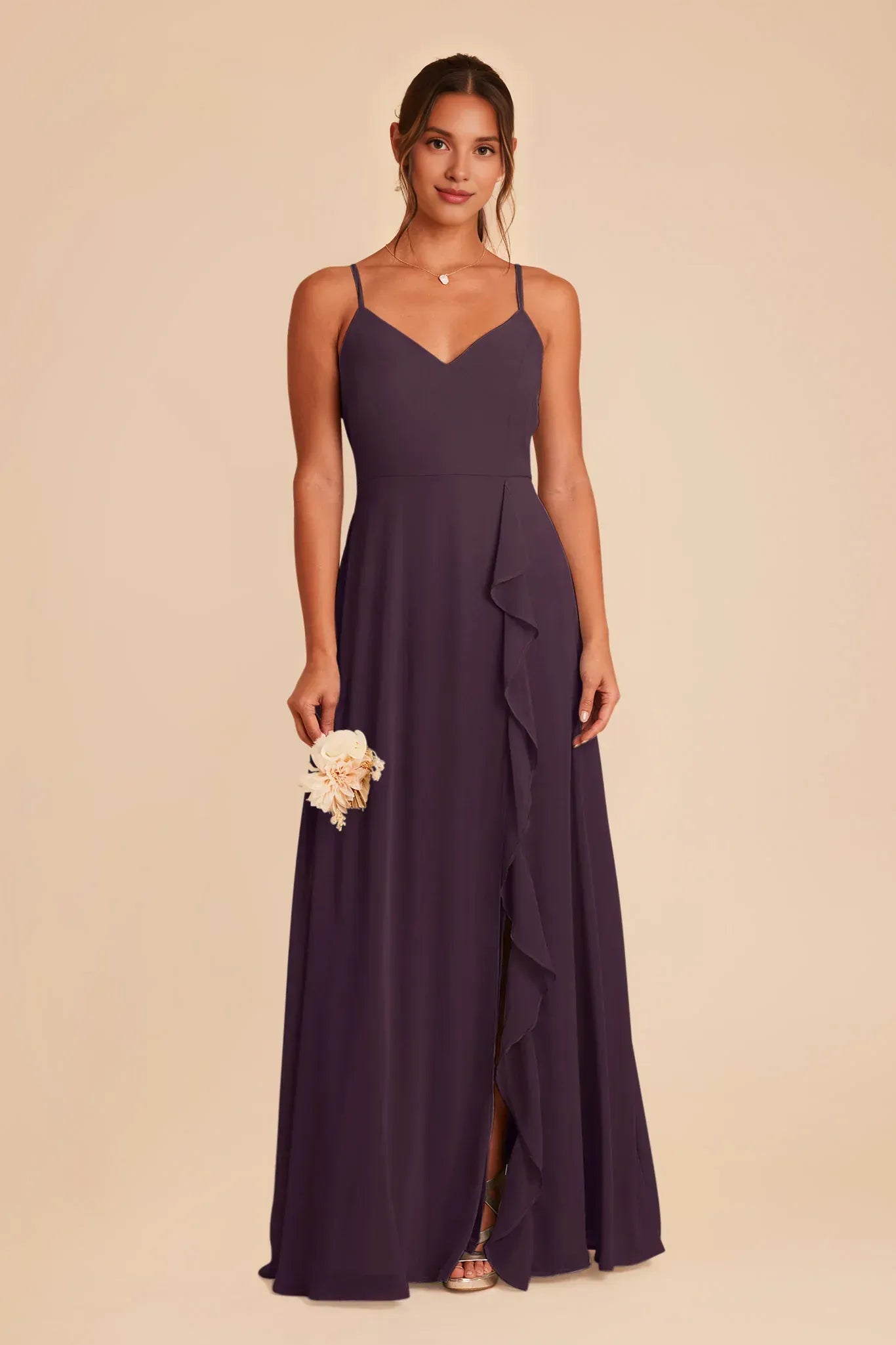 Dark‑Plum Chiffon Spaghetti‑Strap V‑Neck Side‑Ruffle High‑Slit A‑Line Bridesmaid Dresses