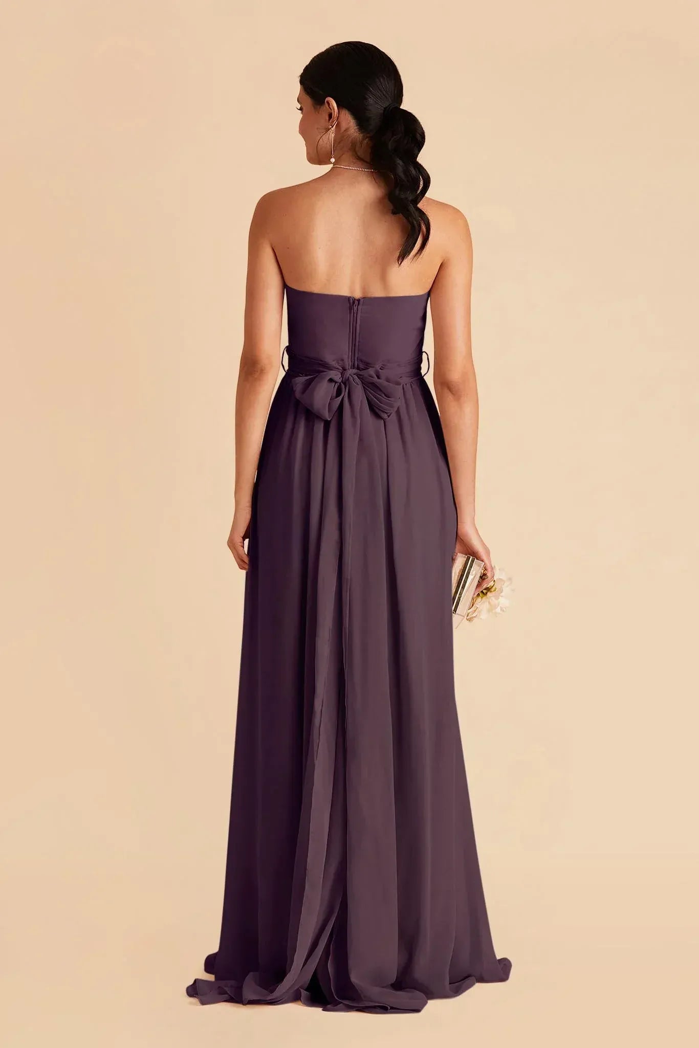 Dark‑Plum Chiffon Strapless Sweetheart‑Neck Bow‑Back Pocketed High‑Slit A‑Line Bridesmaid Dresses