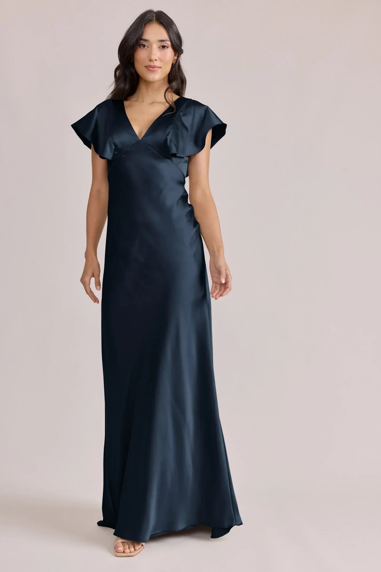Deep Navy Flutter Sleeve V Neck Mermaid Satin Long Bridesmaid Dress
