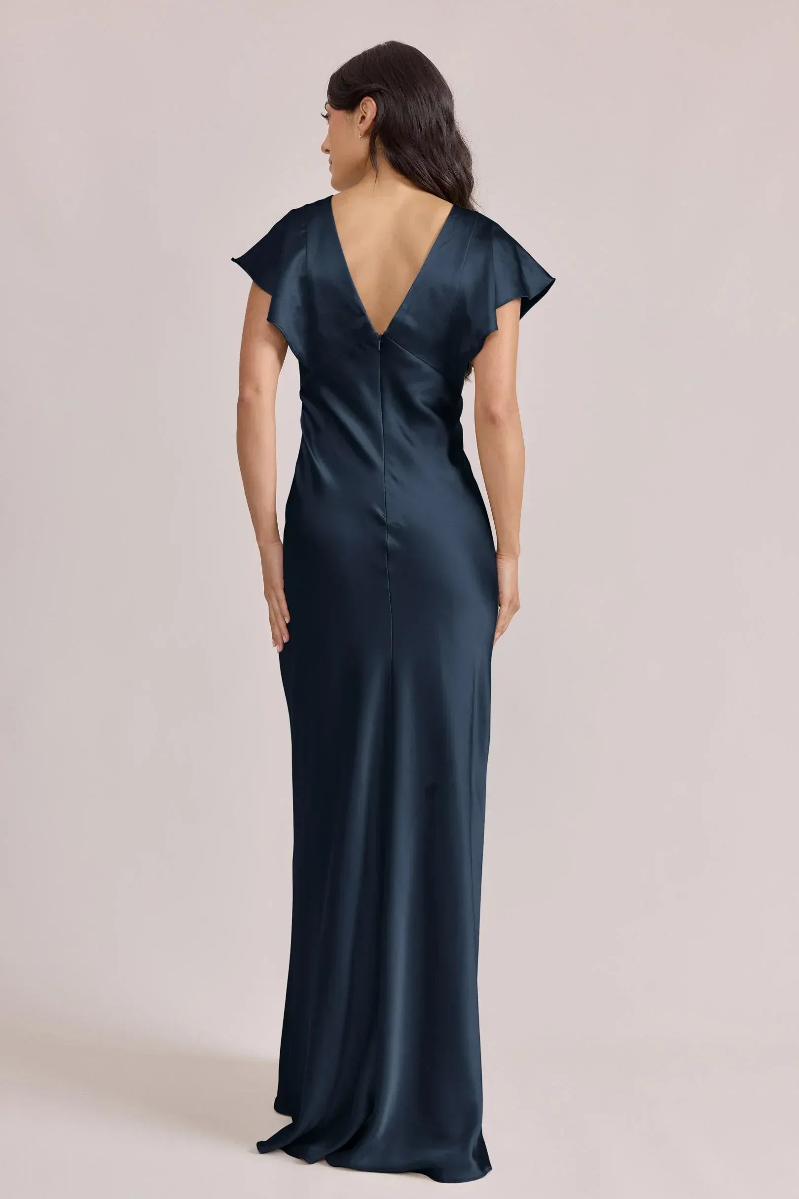 Deep Navy Flutter Sleeve V Neck Mermaid Satin Long Bridesmaid Dress