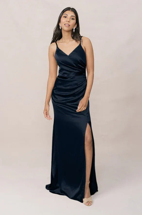 Deep Navy V-Neck Spaghetti Strap Ruched Side High Slit Mermaid Satin Bridesmaid Dress