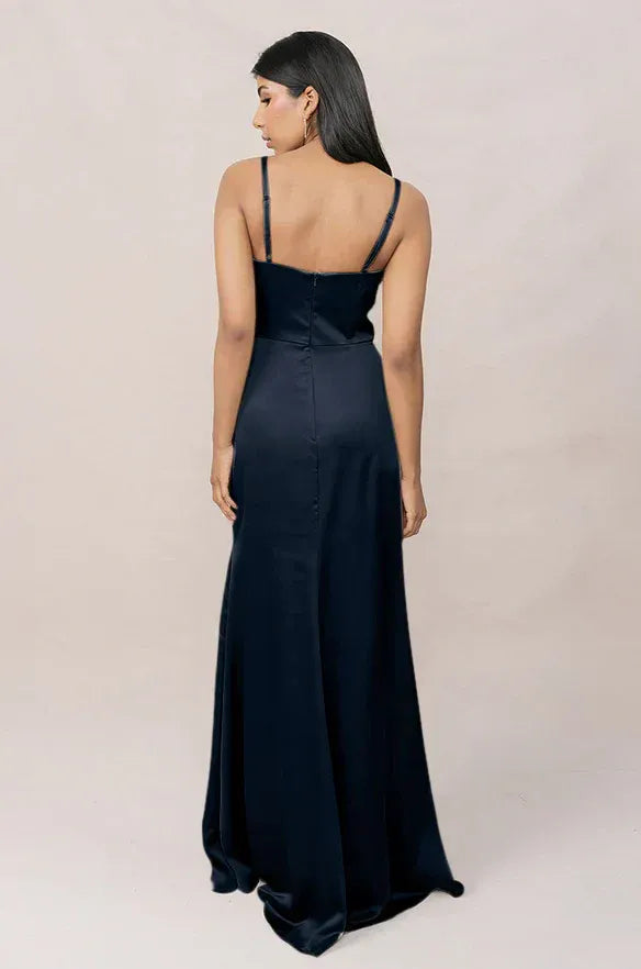 Deep Navy V-Neck Spaghetti Strap Ruched Side High Slit Mermaid Satin Bridesmaid Dress