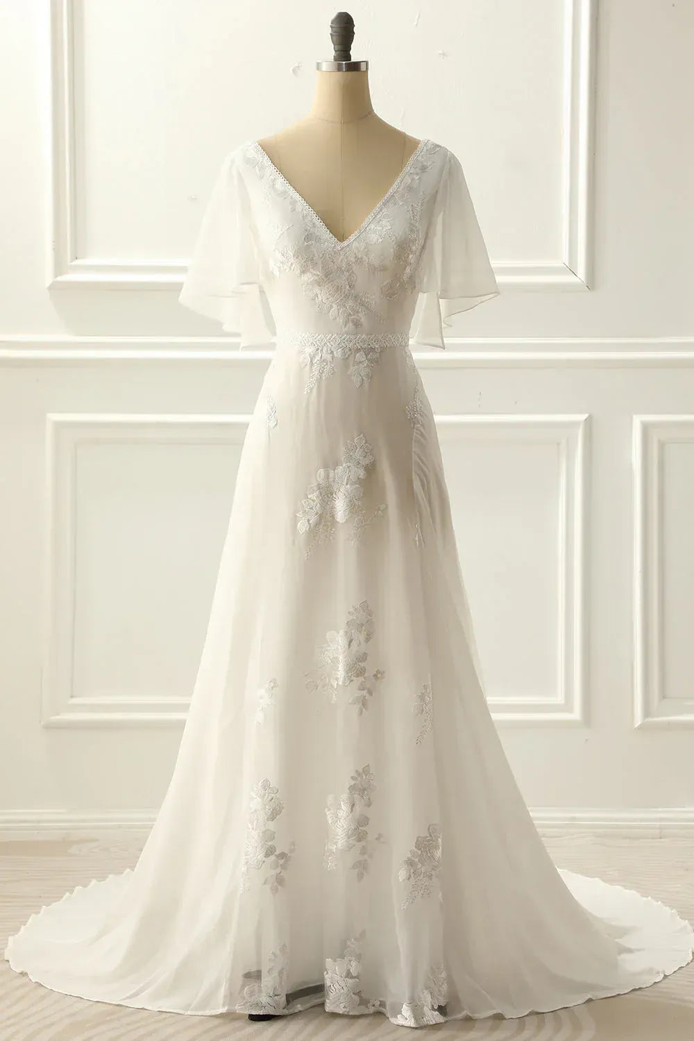 Deep V Flutter Short Sleeve Floral Lace Chiffon A-Line Wedding Dress With Cathedral Train