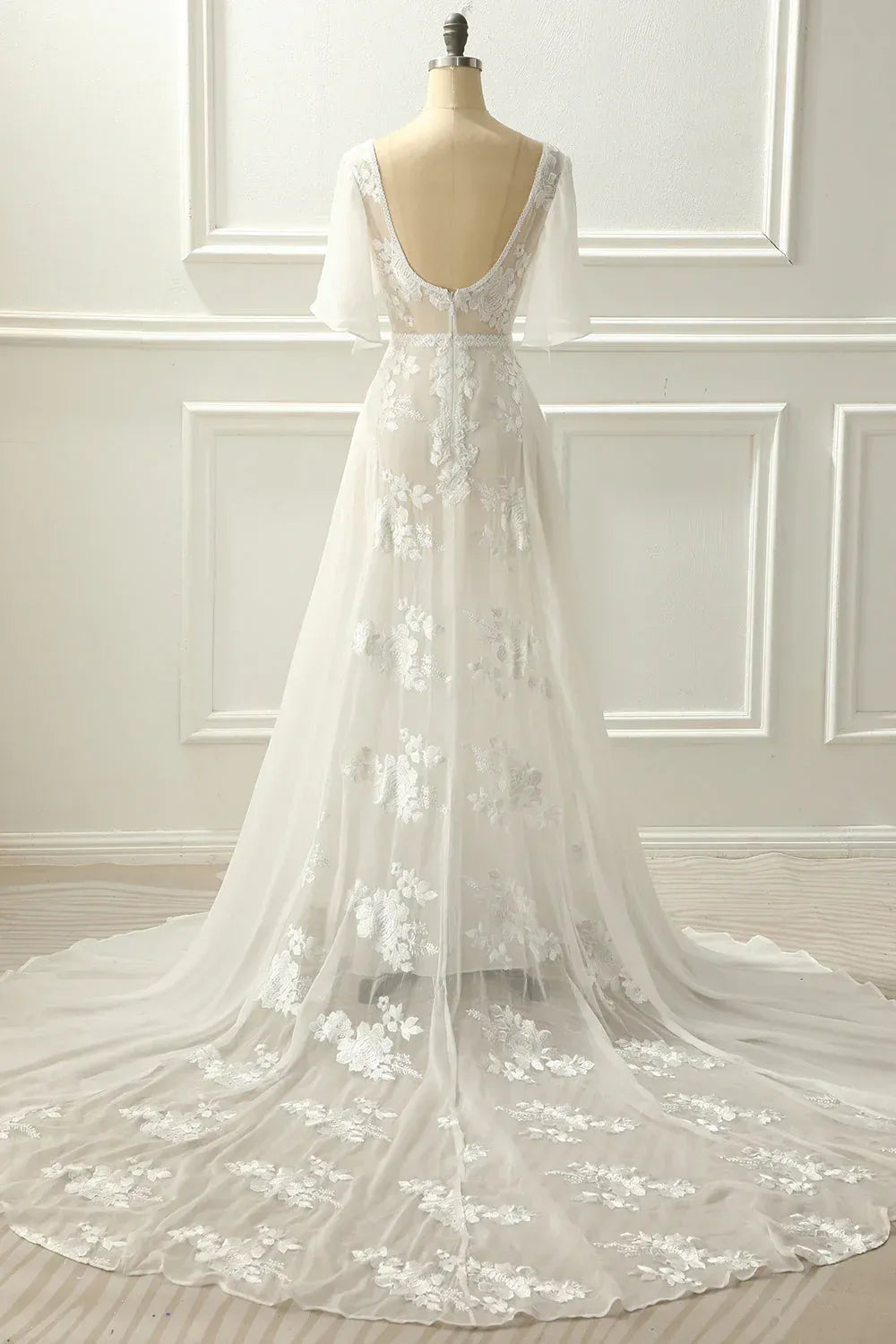 Deep V Flutter Short Sleeve Floral Lace Chiffon A-Line Wedding Dress With Cathedral Train
