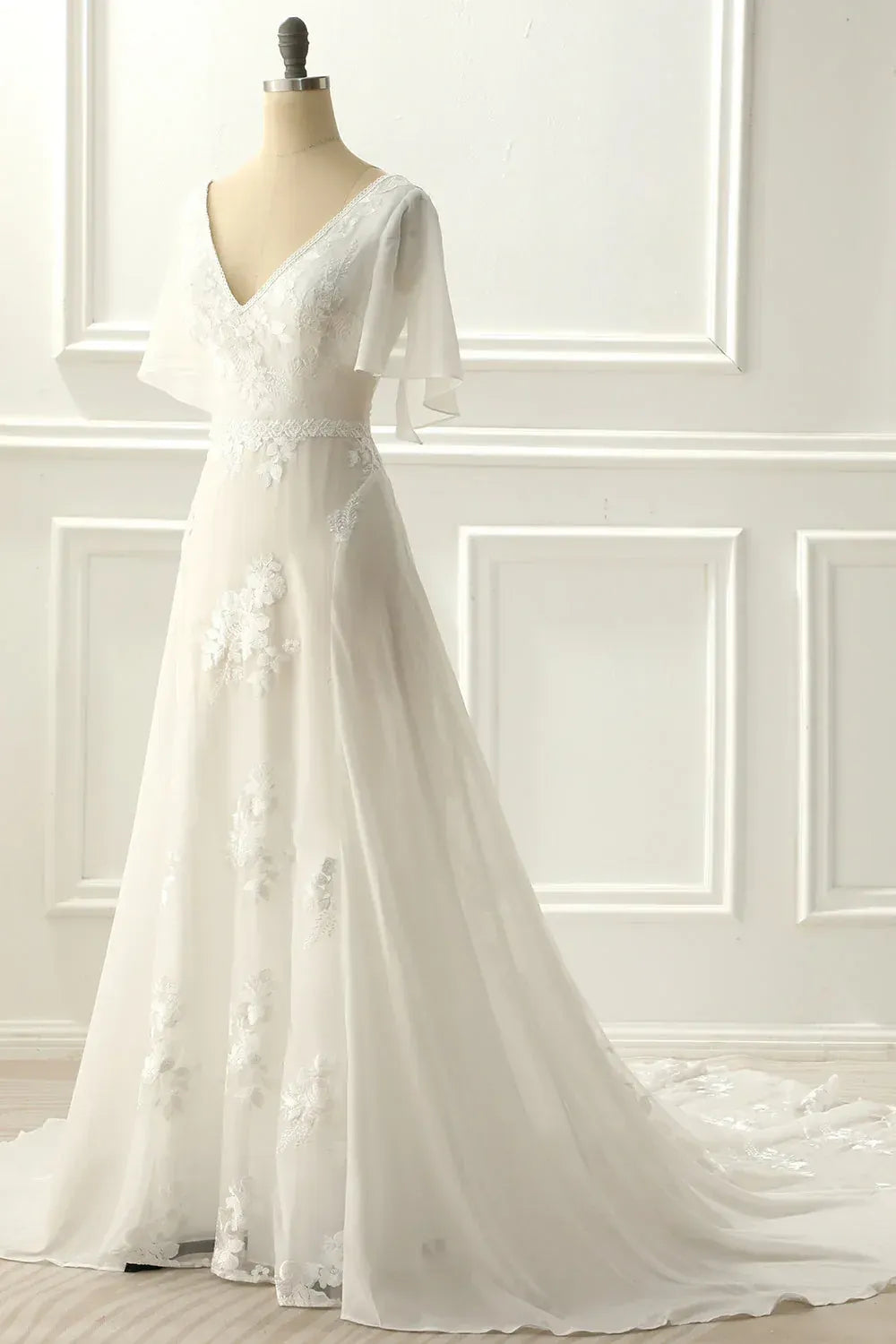 Deep V Flutter Short Sleeve Floral Lace Chiffon A-Line Wedding Dress With Cathedral Train