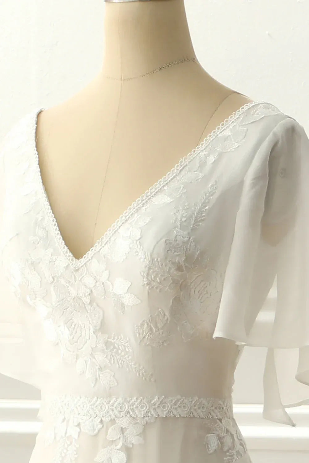Deep V Flutter Short Sleeve Floral Lace Chiffon A-Line Wedding Dress With Cathedral Train
