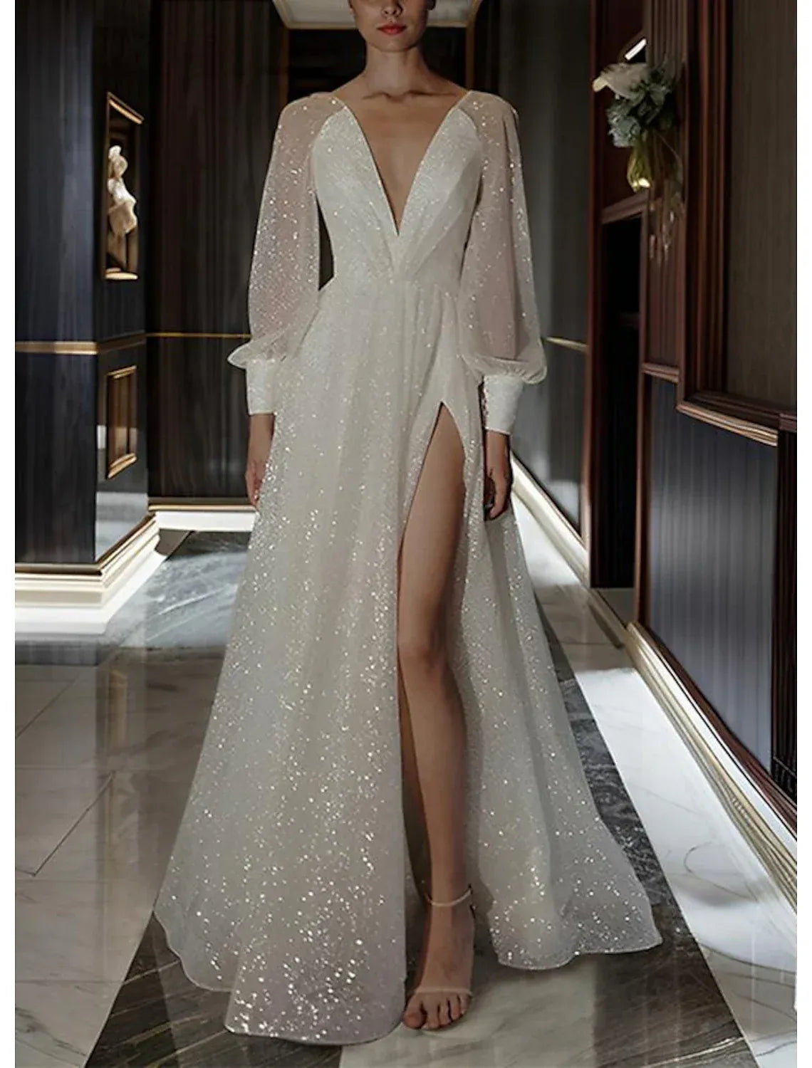 Deep V Puff Long Sleeve Glitter Tulle A Line Wedding Dress Low V Back High Slit Chapel Train