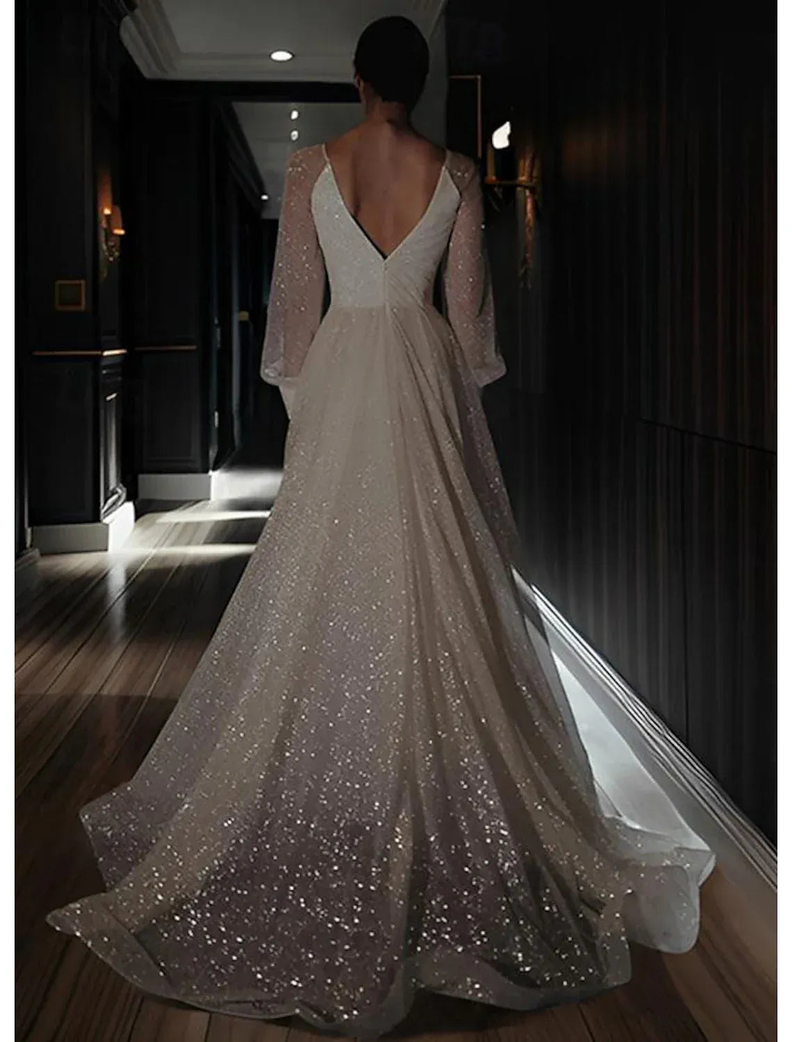 Deep V Puff Long Sleeve Glitter Tulle A Line Wedding Dress Low V Back High Slit Chapel Train
