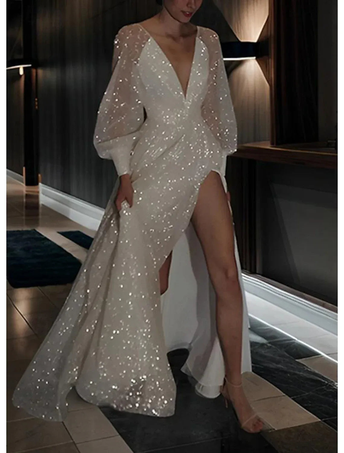 Deep V Puff Long Sleeve Glitter Tulle A Line Wedding Dress Low V Back High Slit Chapel Train