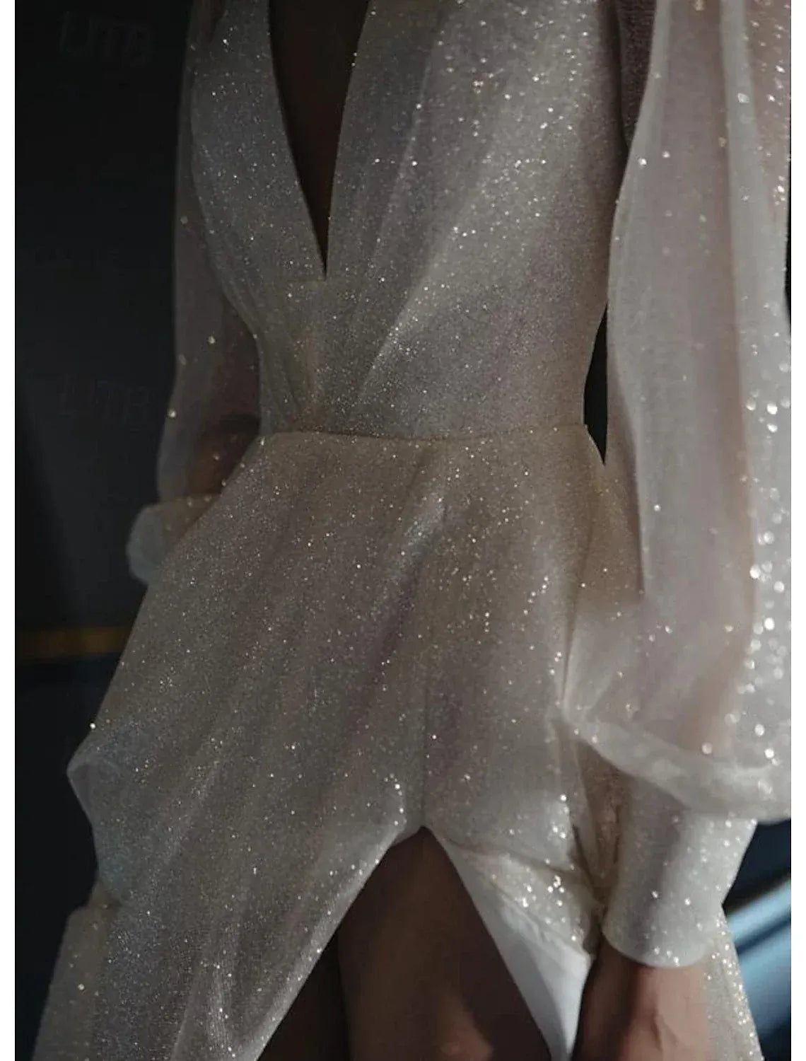 Deep V Puff Long Sleeve Glitter Tulle A Line Wedding Dress Low V Back High Slit Chapel Train