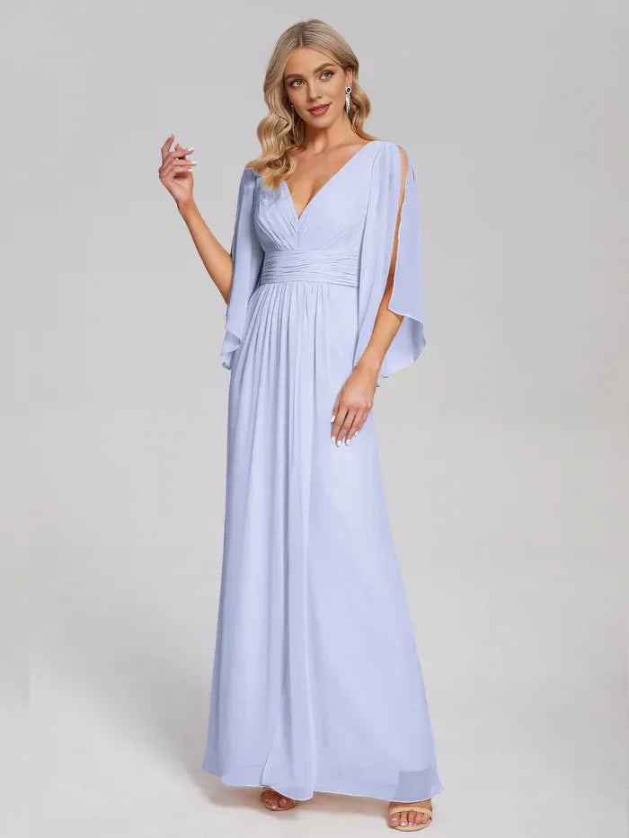 Deep V Split Flutter Sleeve Ruched Waist Open Tie Back A Line Chiffon Long Bridesmaid Dress