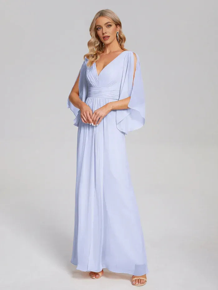 Deep V Split Flutter Sleeve Ruched Waist Open Tie Back A Line Chiffon Long Bridesmaid Dress