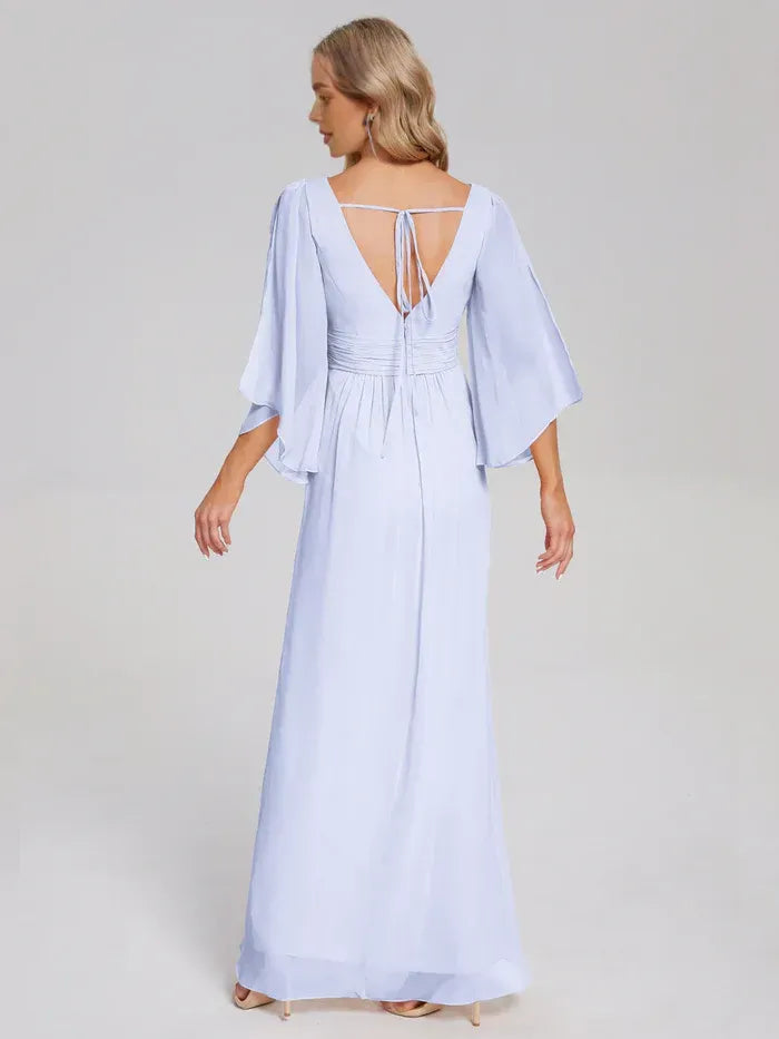 Deep V Split Flutter Sleeve Ruched Waist Open Tie Back A Line Chiffon Long Bridesmaid Dress