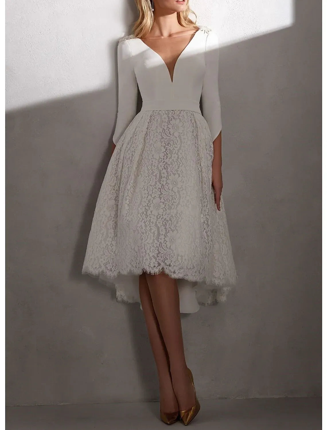 Deep V Three Quarter Crepe Lace High Low Midi Wedding Dress Low Open Back