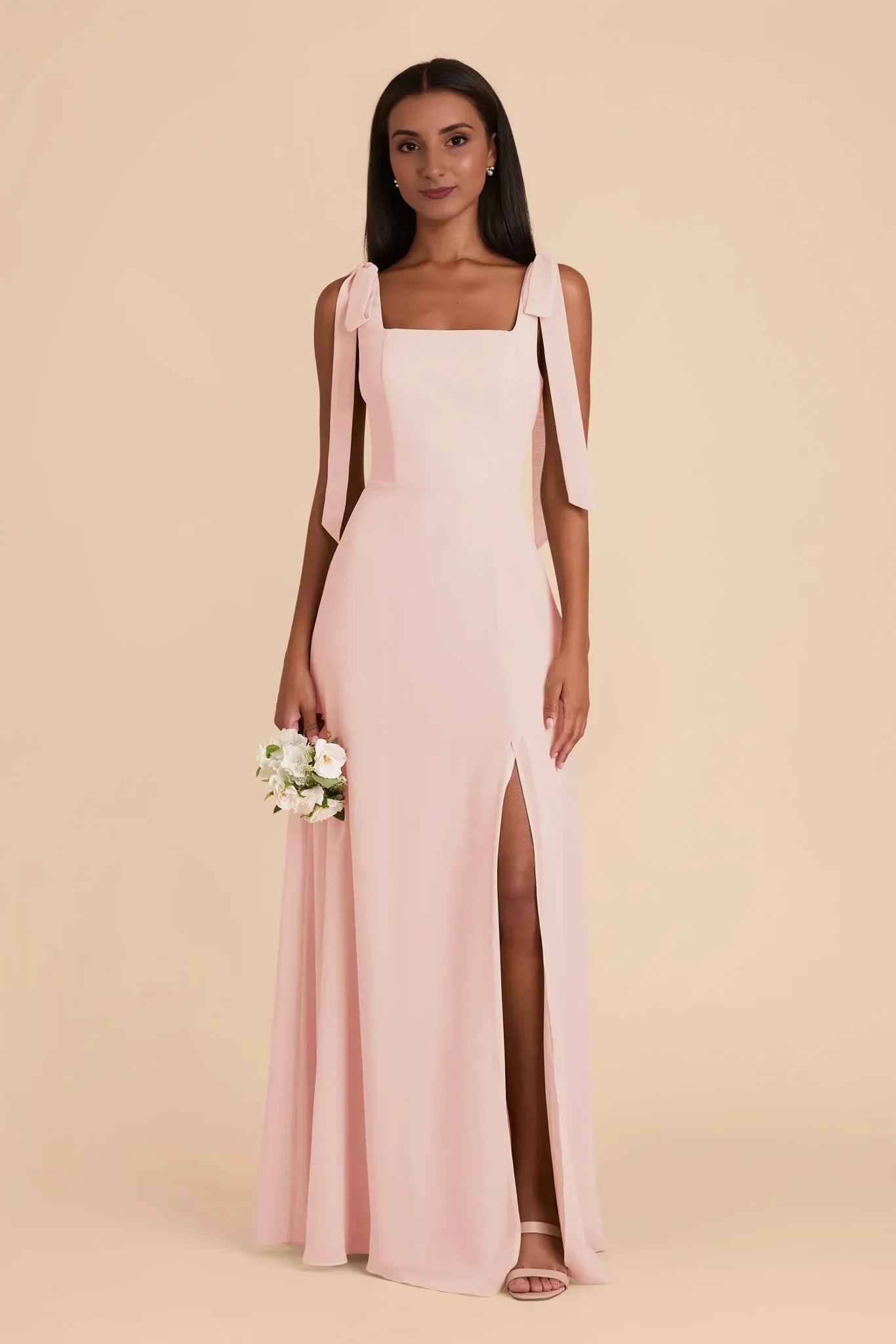 Delicate A Line Square Neck Tie Strap Square Back Floor Length Wedding Bridesmaid Dress