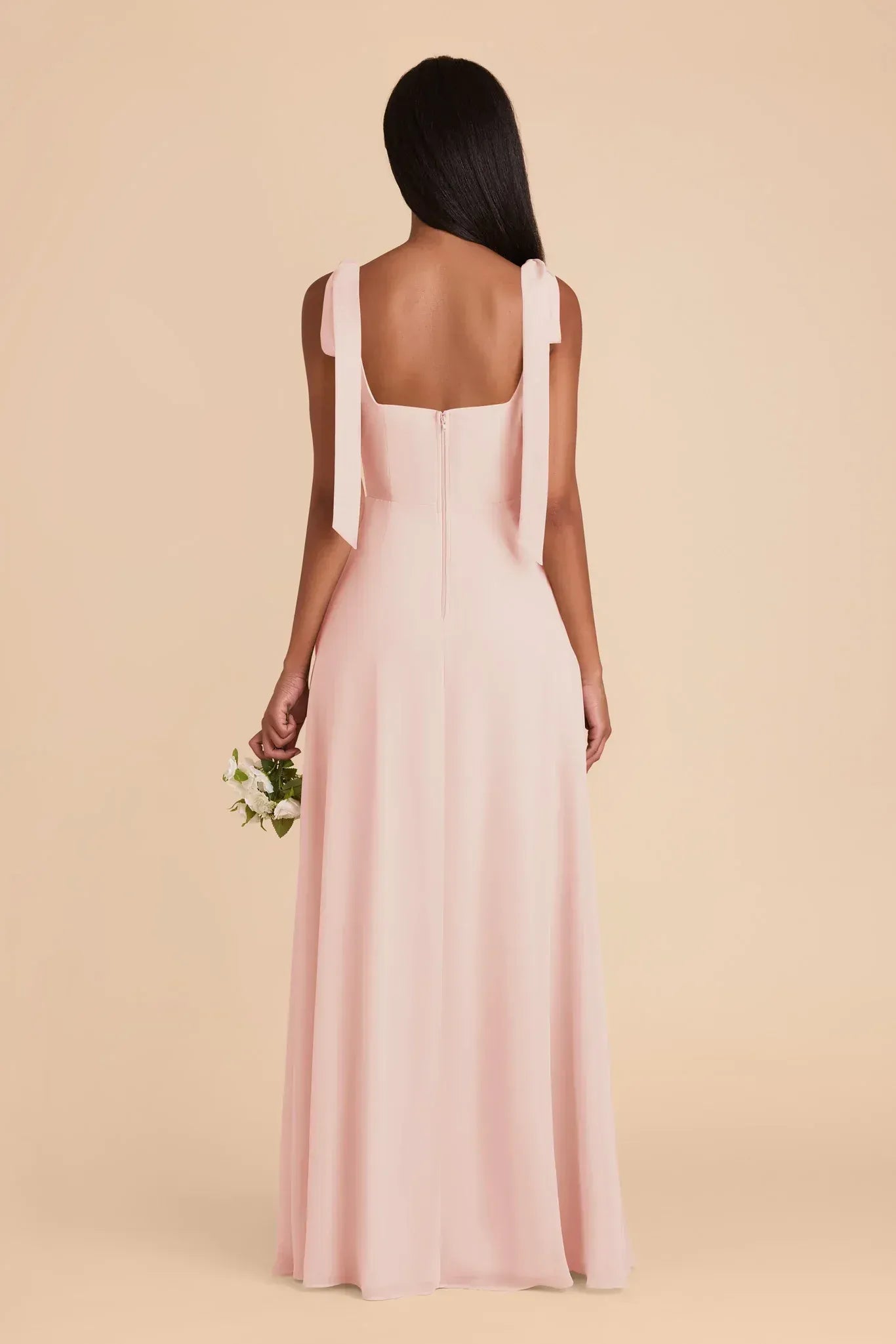 Delicate A Line Square Neck Tie Strap Square Back Floor Length Wedding Bridesmaid Dress