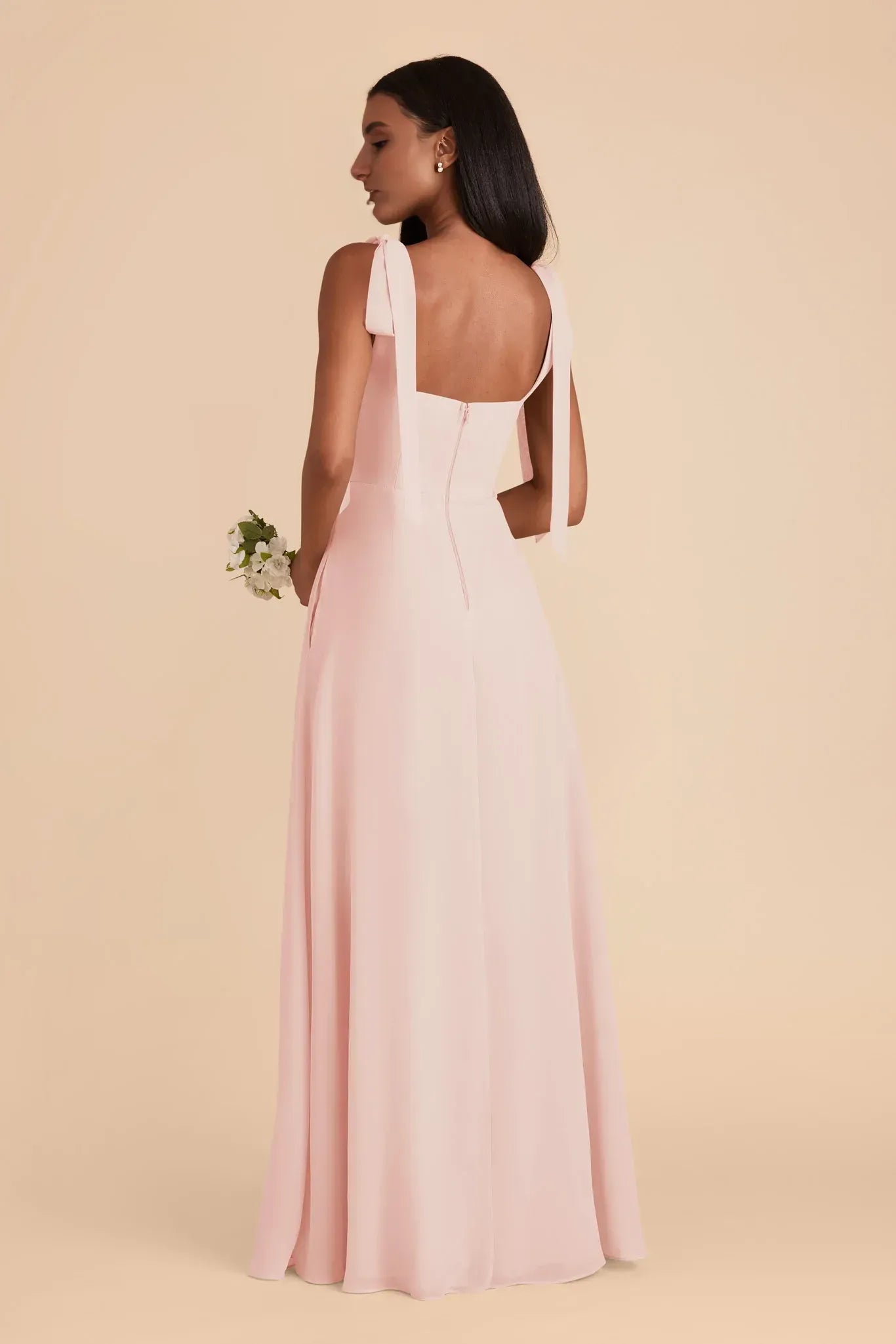 Delicate A Line Square Neck Tie Strap Square Back Floor Length Wedding Bridesmaid Dress
