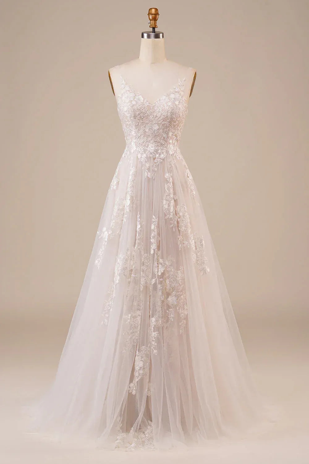 Delicate Dainty Strap Plunging V Floral Embroidery Tulle A-Line Wedding Dress With Bare Low Back Sweep Train