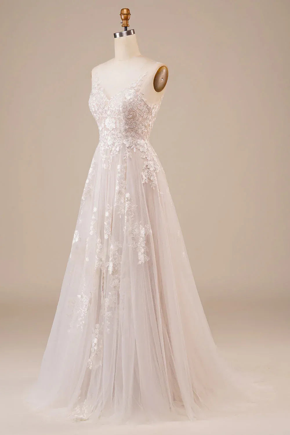 Delicate Dainty Strap Plunging V Floral Embroidery Tulle A-Line Wedding Dress With Bare Low Back Sweep Train