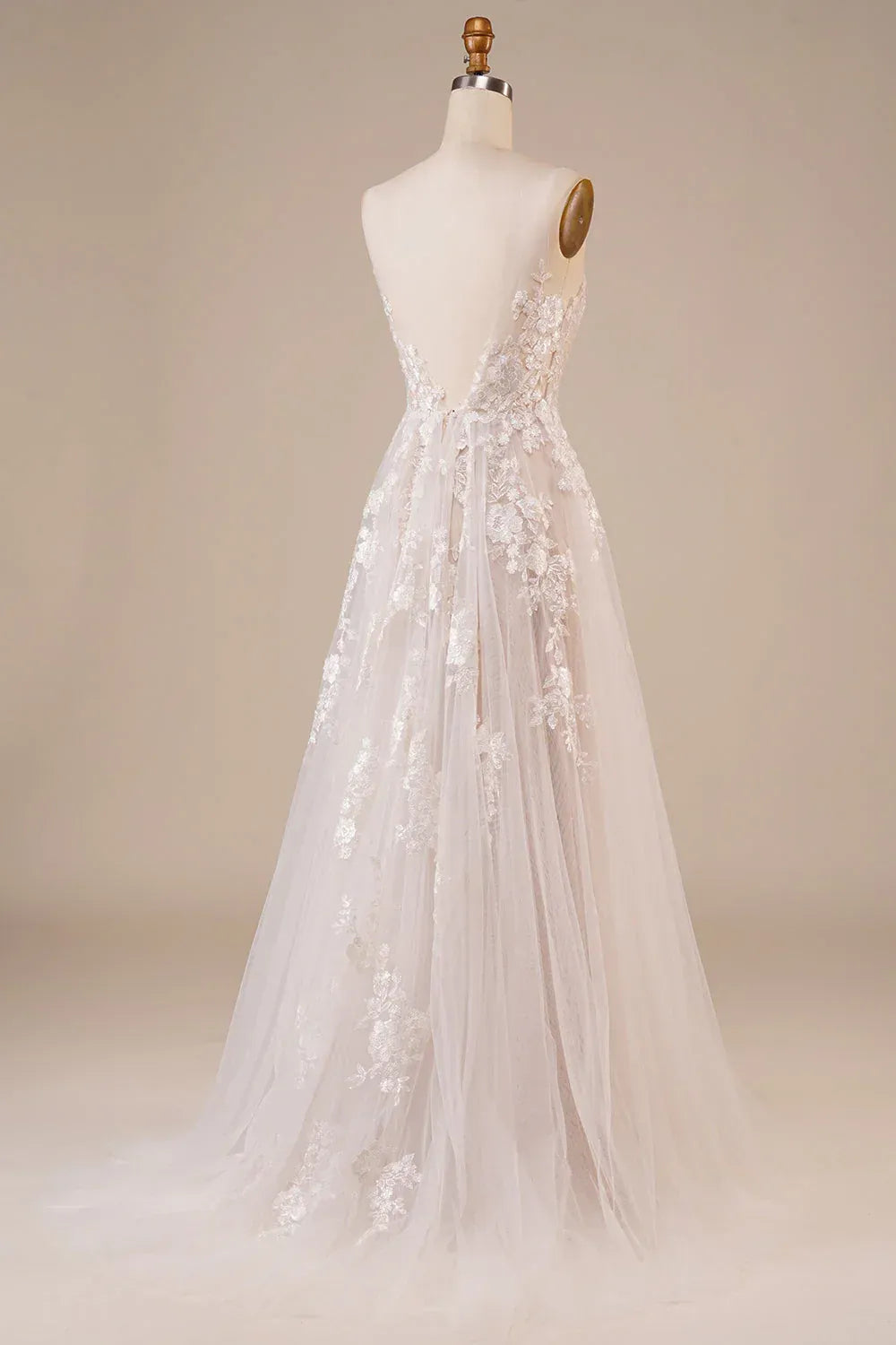 Delicate Dainty Strap Plunging V Floral Embroidery Tulle A-Line Wedding Dress With Bare Low Back Sweep Train