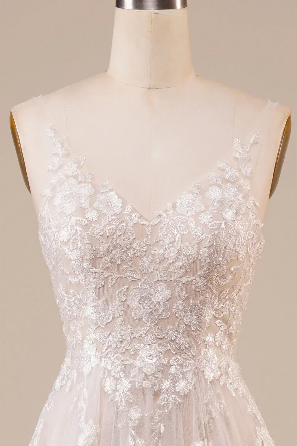 Delicate Dainty Strap Plunging V Floral Embroidery Tulle A-Line Wedding Dress With Bare Low Back Sweep Train
