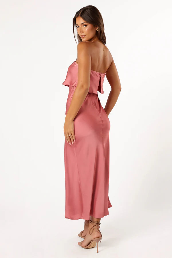 Delicate Midi Strapless Overlay Satin Slit Wedding Guest Dress