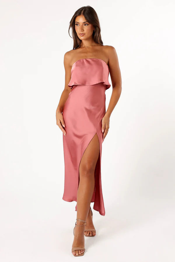 Delicate Midi Strapless Overlay Satin Slit Wedding Guest Dress