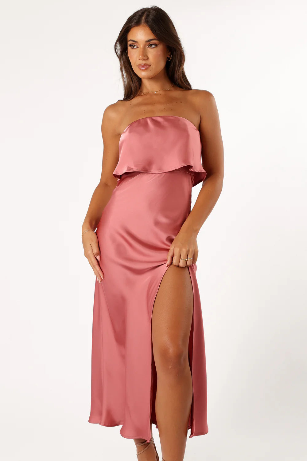 Delicate Midi Strapless Overlay Satin Slit Wedding Guest Dress