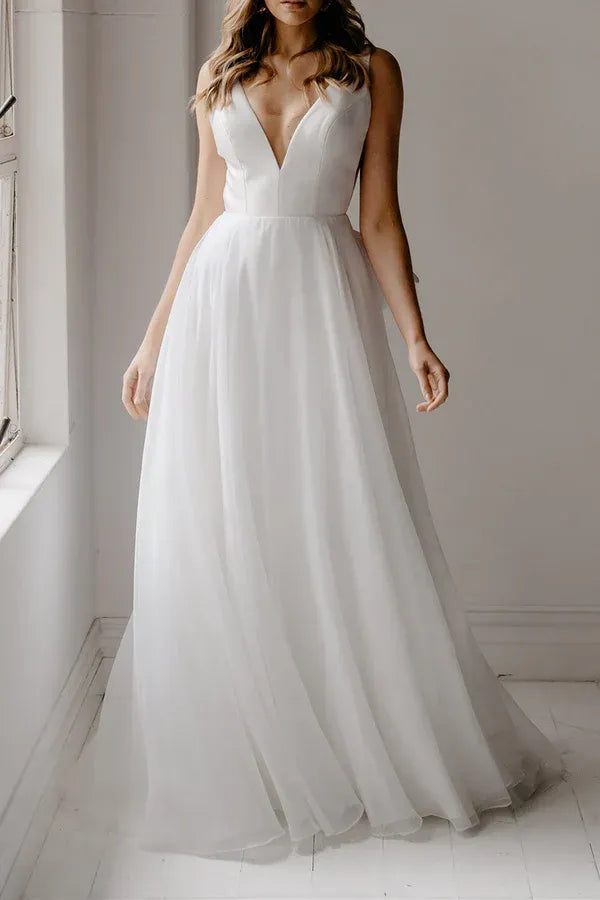 Delicate Plunging V-Neck Tulle A-Line Floor-Length Wedding Dress