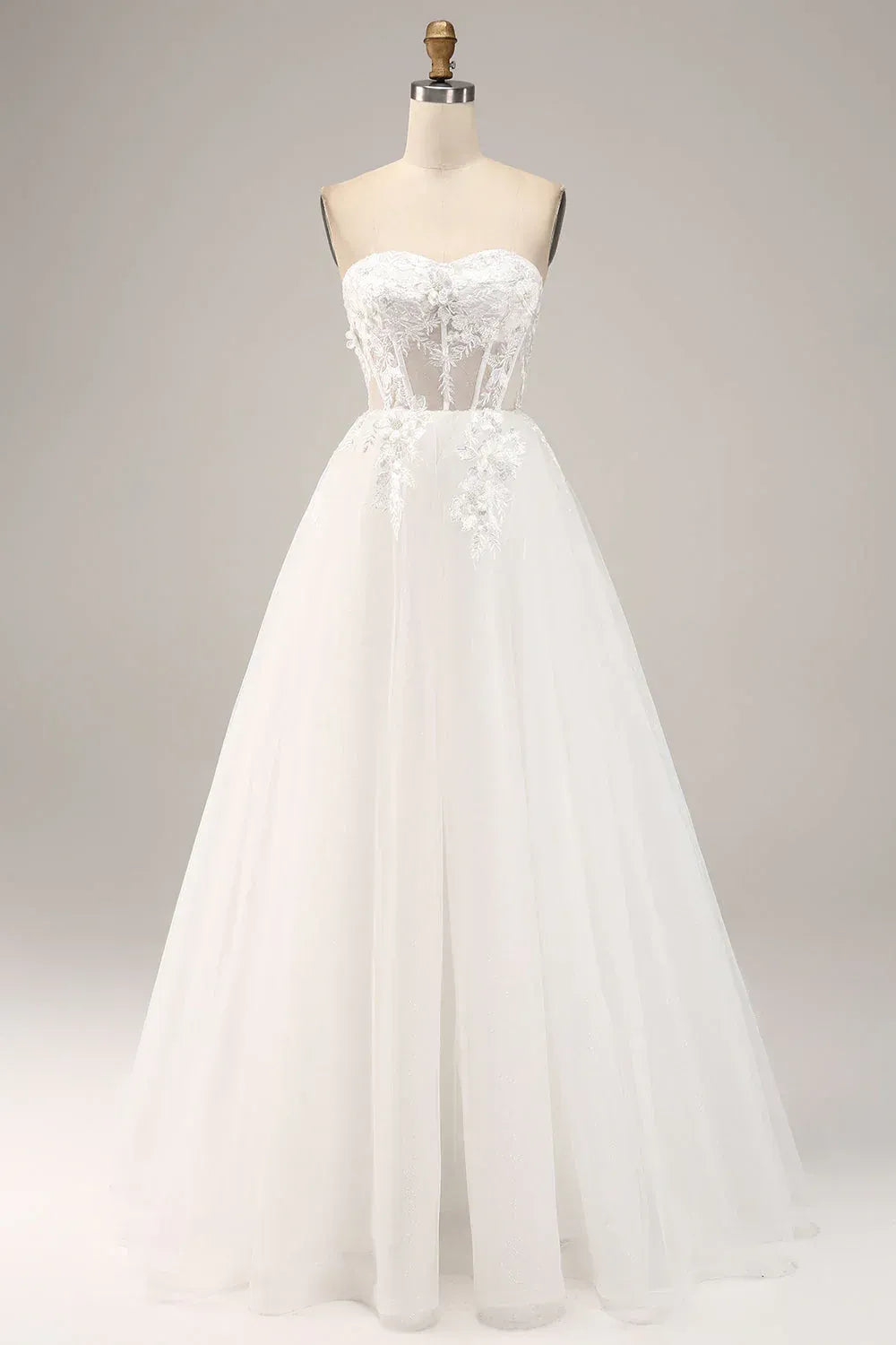 Detachable Puff Off The Shoulder Sweetheart Floral Lace Corset Tulle A-Line Wedding Dress With Train