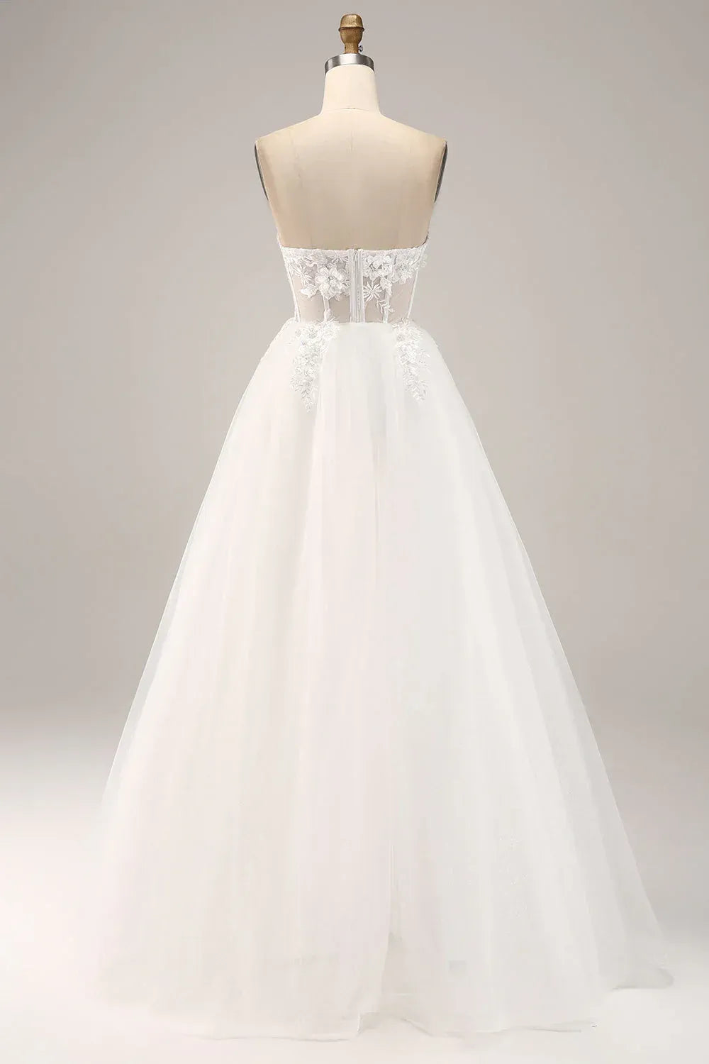 Detachable Puff Off The Shoulder Sweetheart Floral Lace Corset Tulle A-Line Wedding Dress With Train