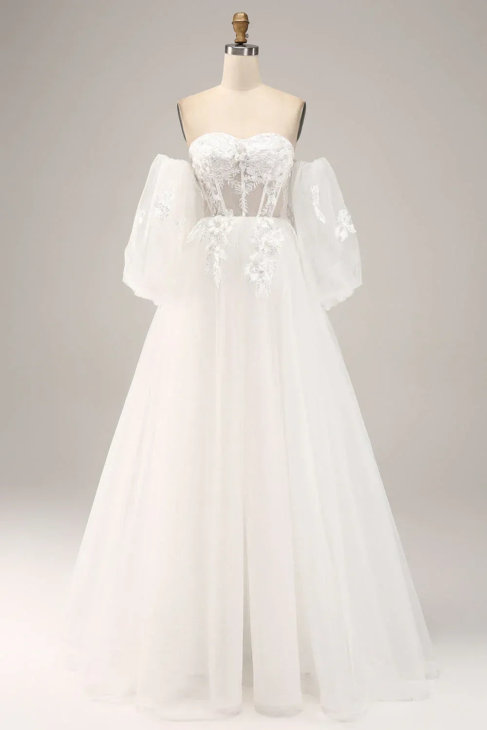 Detachable Puff Off The Shoulder Sweetheart Floral Lace Corset Tulle A-Line Wedding Dress With Train