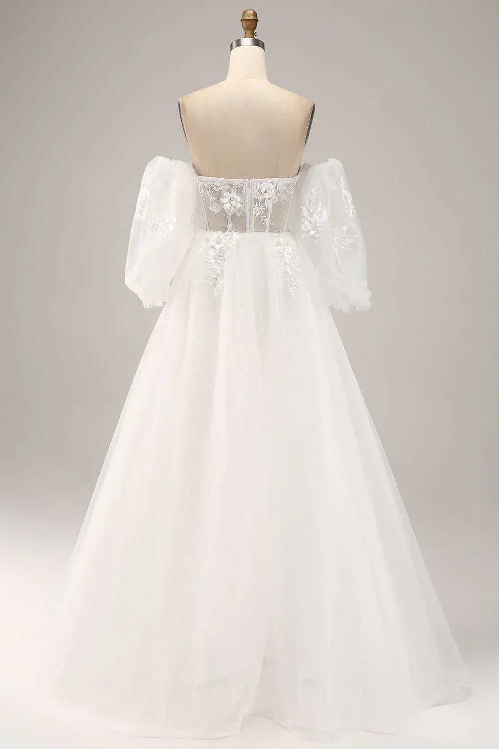 Detachable Puff Off The Shoulder Sweetheart Floral Lace Corset Tulle A-Line Wedding Dress With Train