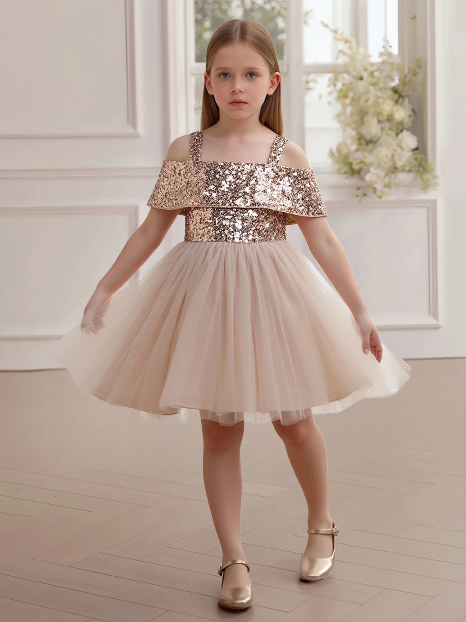 Double Spaghetti Strap Off Shoulder Gold Sequin Bodice Solid Back Champagne Tulle Short Flower Girl Dresses