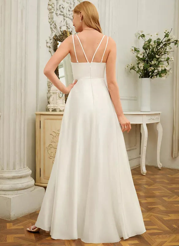 Double‑Spaghetti‑Strap Twist‑V‑Neck Satin A‑Line Wedding Dress With High‑Slit & Crisscross‑Back Detail