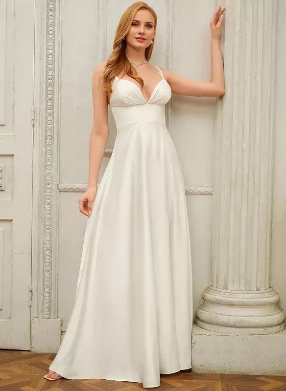 Double‑Spaghetti‑Strap Twist‑V‑Neck Satin A‑Line Wedding Dress With High‑Slit & Crisscross‑Back Detail