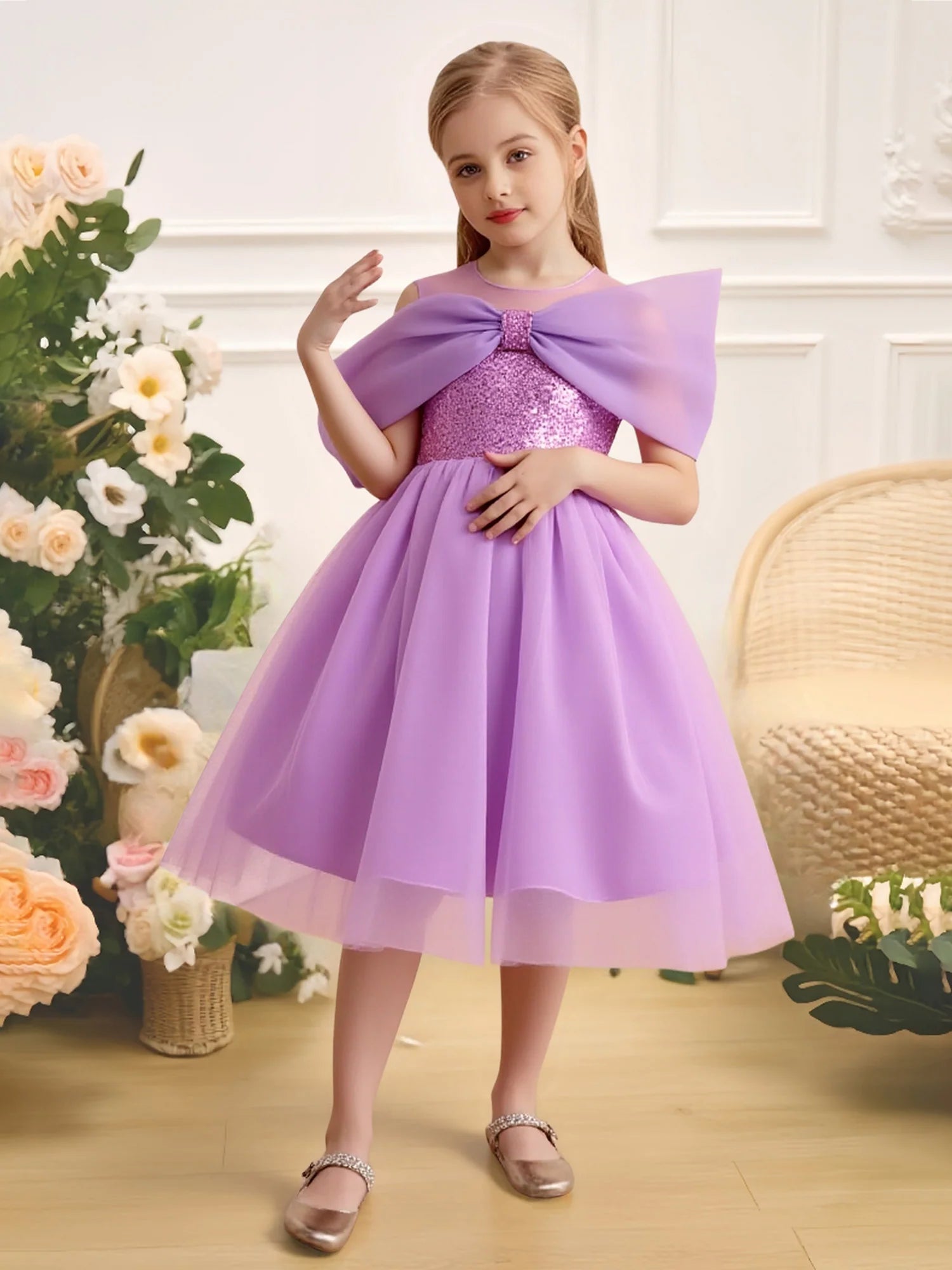 Double Spaghetti Strap V Back Giant Organza Bow Gold Sequin Bodice Lavender Tulle Midi Flower Girl Dresses