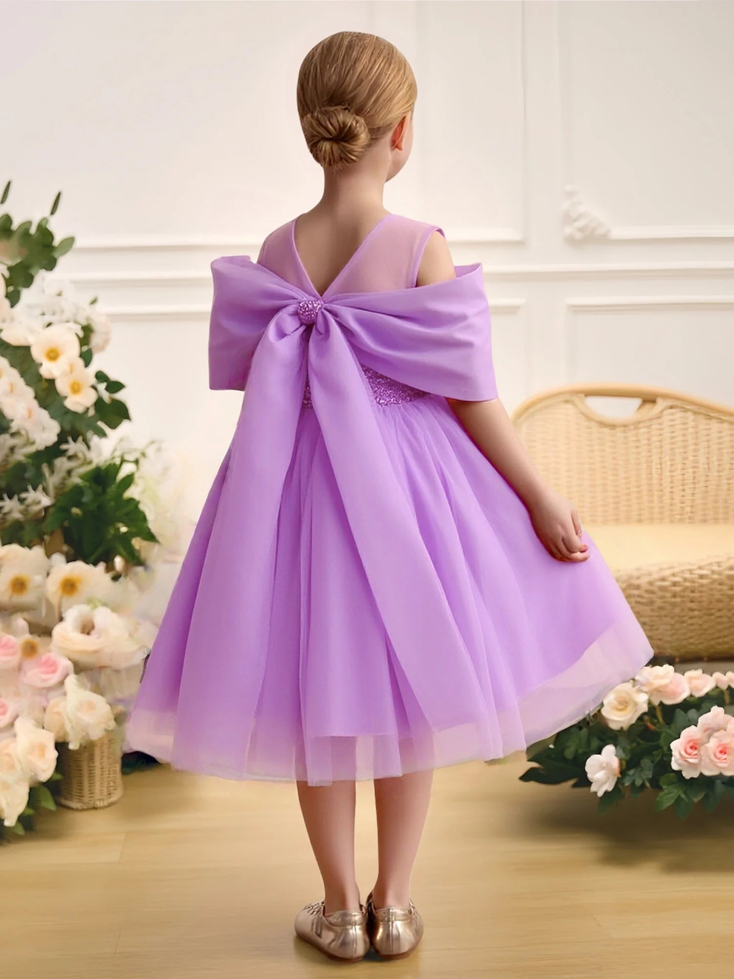 Double Spaghetti Strap V Back Giant Organza Bow Gold Sequin Bodice Lavender Tulle Midi Flower Girl Dresses