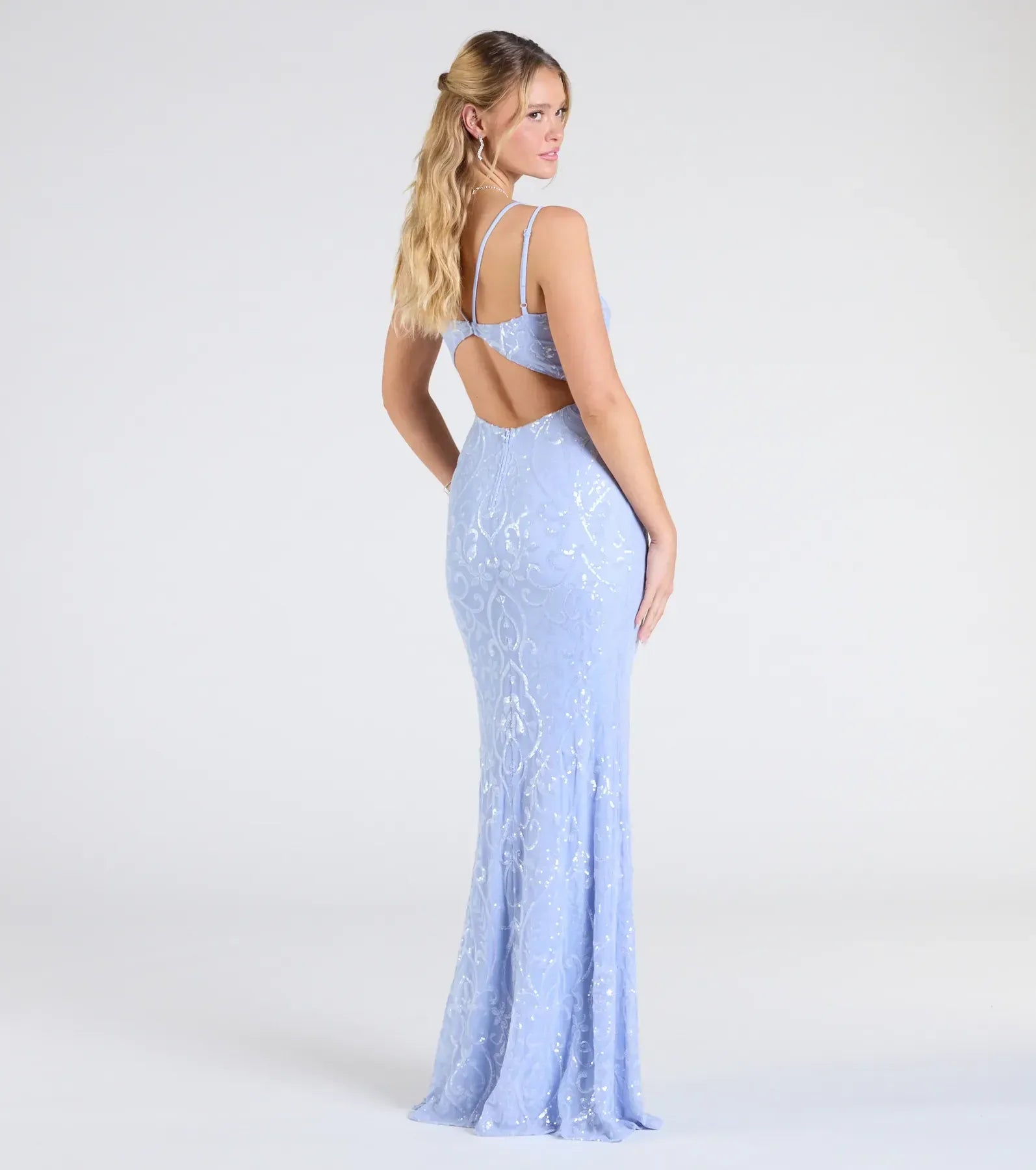 Double Strap Square Back Cutout Sequin Mermaid Slit Maxi Prom Dress