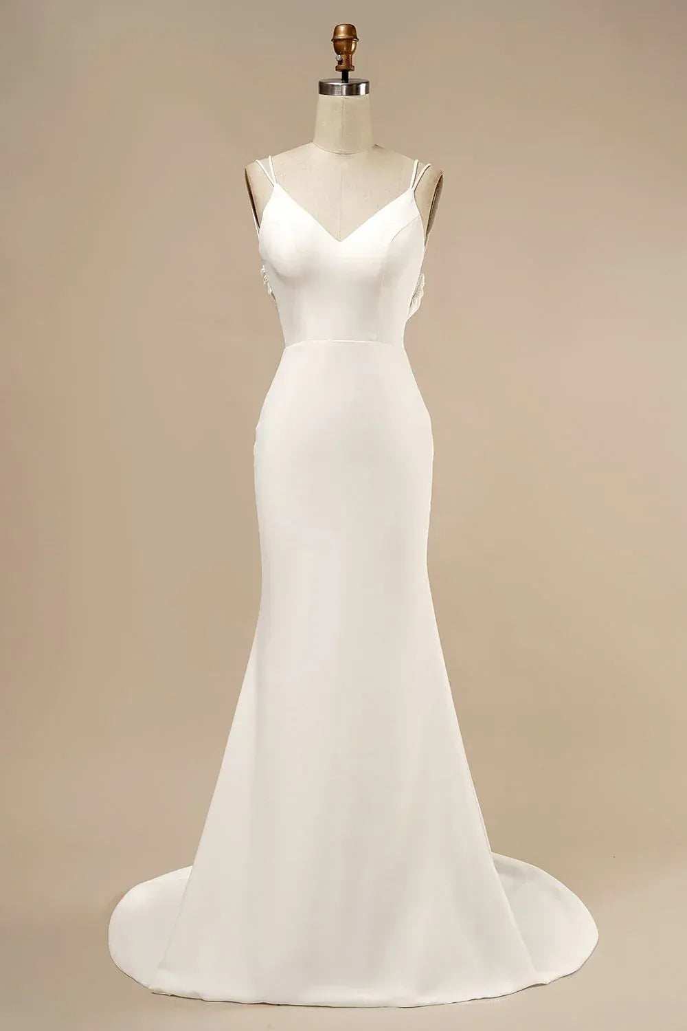 Double Thin Spaghetti Strap V Neck Cowl Back Button Matte Crepe Mermaid Wedding Dress With Train