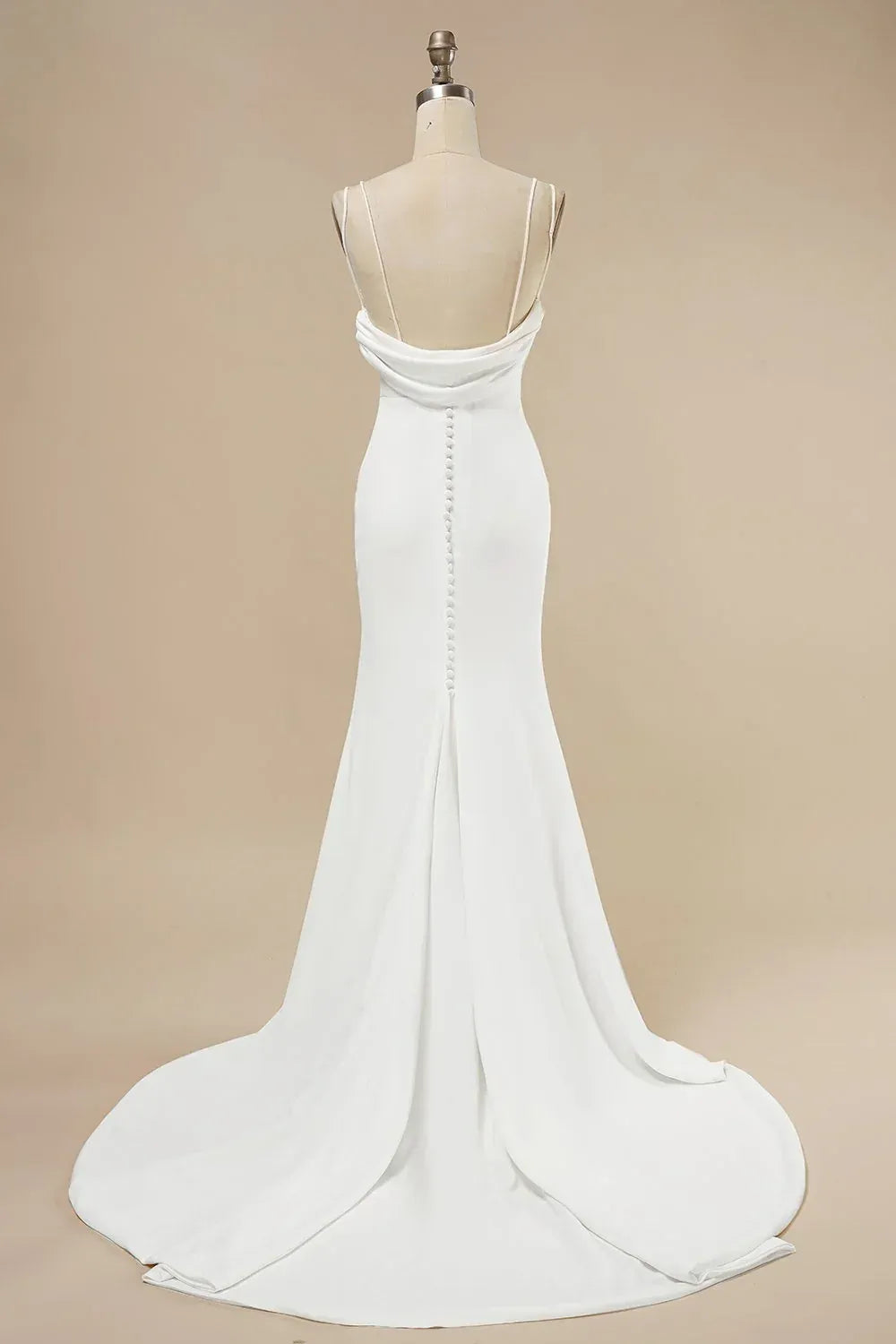Double Thin Spaghetti Strap V Neck Cowl Back Button Matte Crepe Mermaid Wedding Dress With Train