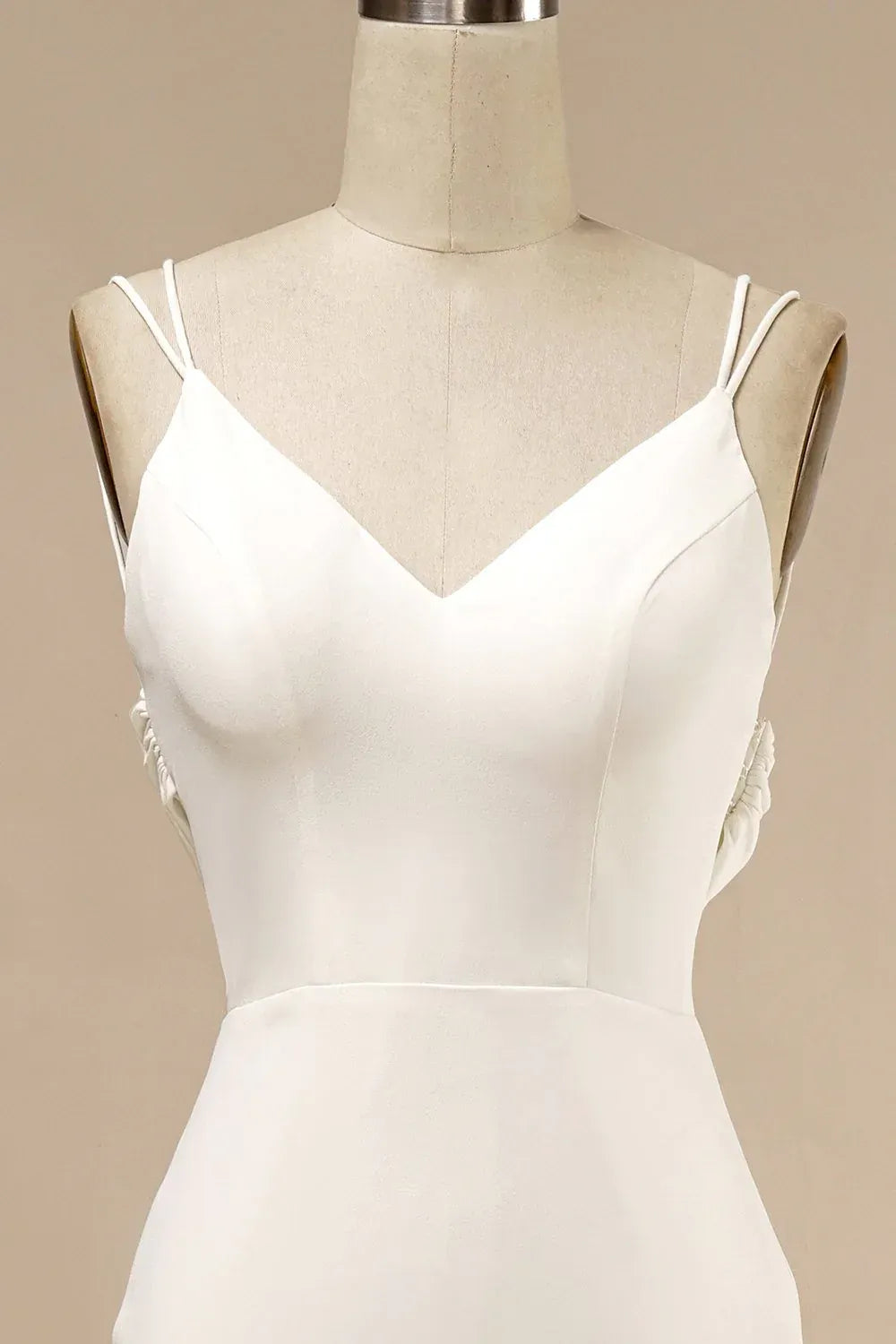 Double Thin Spaghetti Strap V Neck Cowl Back Button Matte Crepe Mermaid Wedding Dress With Train